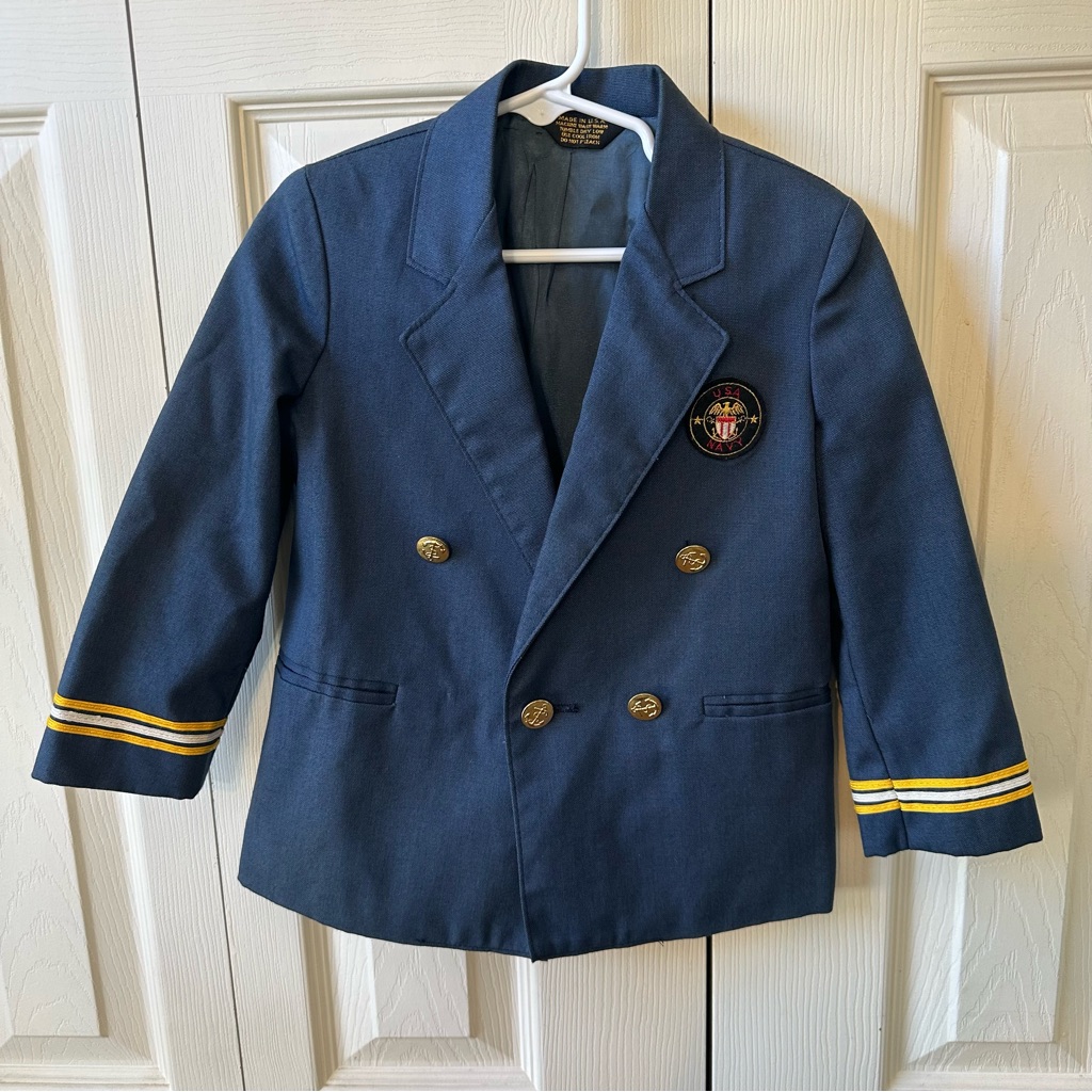 Monsieur Adolfo Boys Size 4 Usa Navy Patchwork Stripe Blazer Suit Jacket